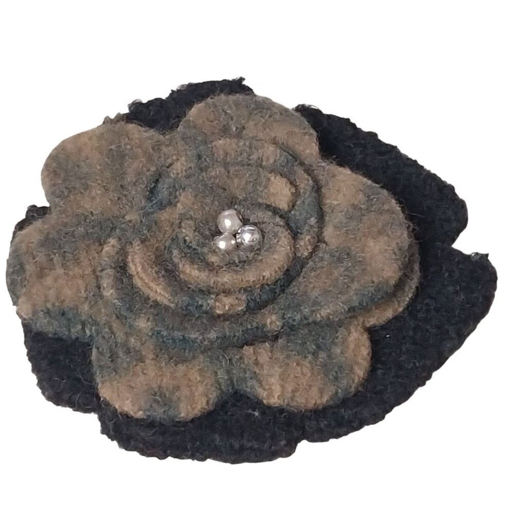 Handmade Wool Felt Flower Brooch Brown & Black Flower Pin Beaded Textile Art